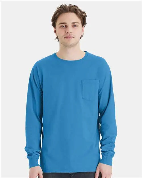 Comfortwash by Hanes Gdh250 Garment-dyed Long Sleeve T-shirt with a Pocket - Summer Sky Blue