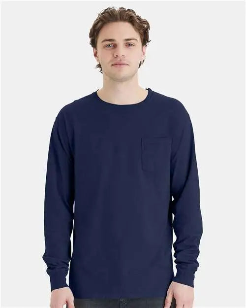 Comfortwash by Hanes Gdh250 Garment-dyed Long Sleeve T-shirt with a Pocket - Navy