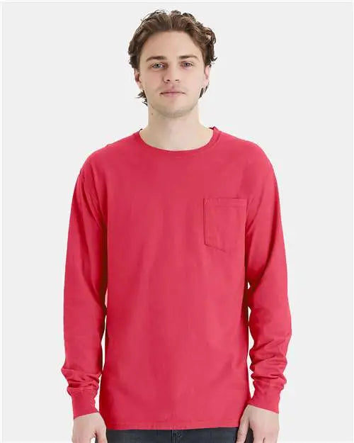 Comfortwash by Hanes Gdh250 Garment-dyed Long Sleeve T-shirt with a Pocket - Crimson Fall