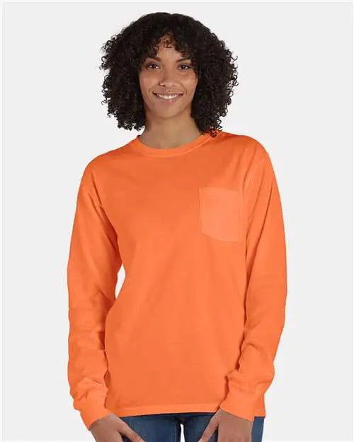 Comfortwash by Hanes Gdh250 Garment-dyed Long Sleeve T-shirt with a Pocket - Horizon Orange