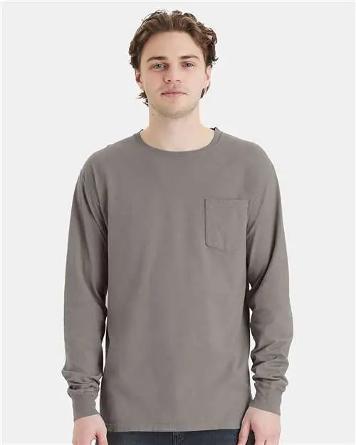 Comfortwash by Hanes Gdh250 Garment-dyed Long Sleeve T-shirt with a Pocket - Concrete Grey