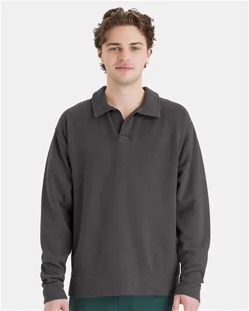 Comfortwash by Hanes Gdh490 Garment-dyed Polo Collar Sweatshirt - New Railroad Gray