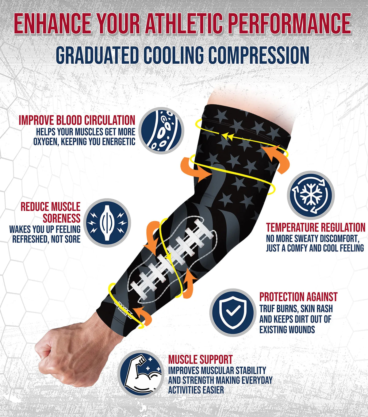 Compression Arm Sleeves for Mens & Womens Youth Adult - (1 Pair) Black Football Flag