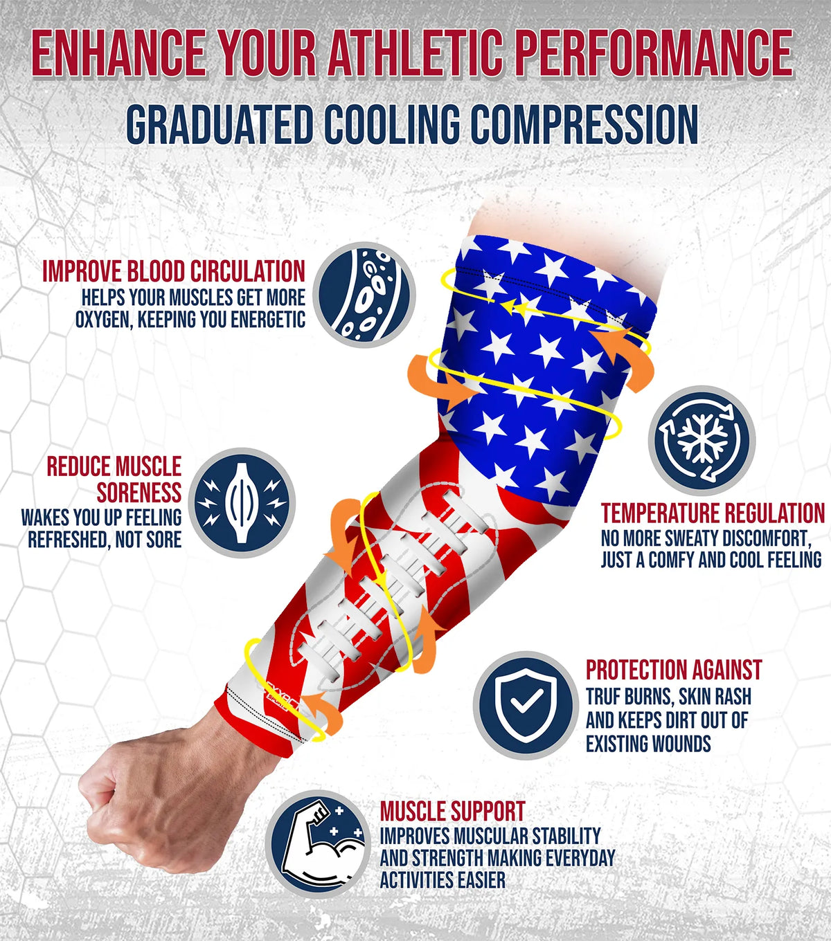 Compression Arm Sleeves for Mens & Womens Youth Adult - (1 Pair) Usa Football Flag