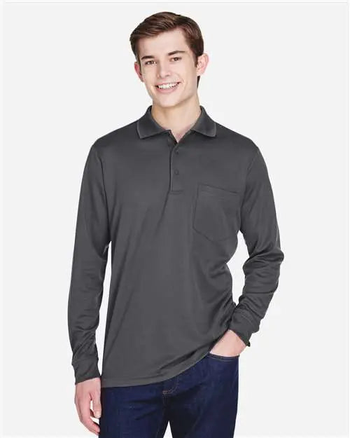 Core365 88192p Men’s Pinnacle Performance Long Sleeve Piqué Polo with Pocket - Carbon