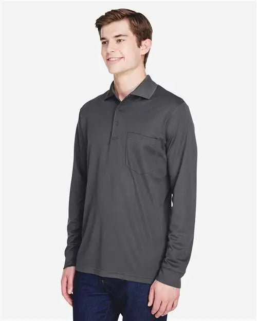 Core365 88192p Men’s Pinnacle Performance Long Sleeve Piqué Polo with Pocket - Carbon