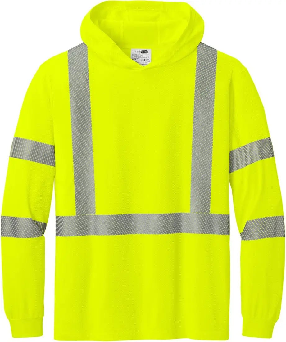 Cornerstone Cs208 Ansi 107 Class 3 Long Sleeve Segmented Tape Hooded Tee - Safety Yellow