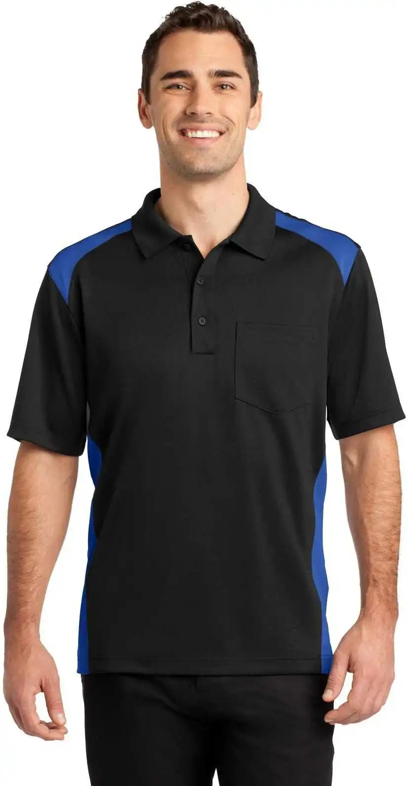 Cornerstone Cs416 Select Snag Proof Two Way Colorblock Pocket Polo Black Royal