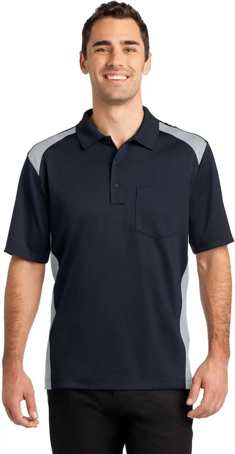 Cornerstone Cs416 Select Snag Proof Two Way Colorblock Pocket Polo Dark Navy Light Gray