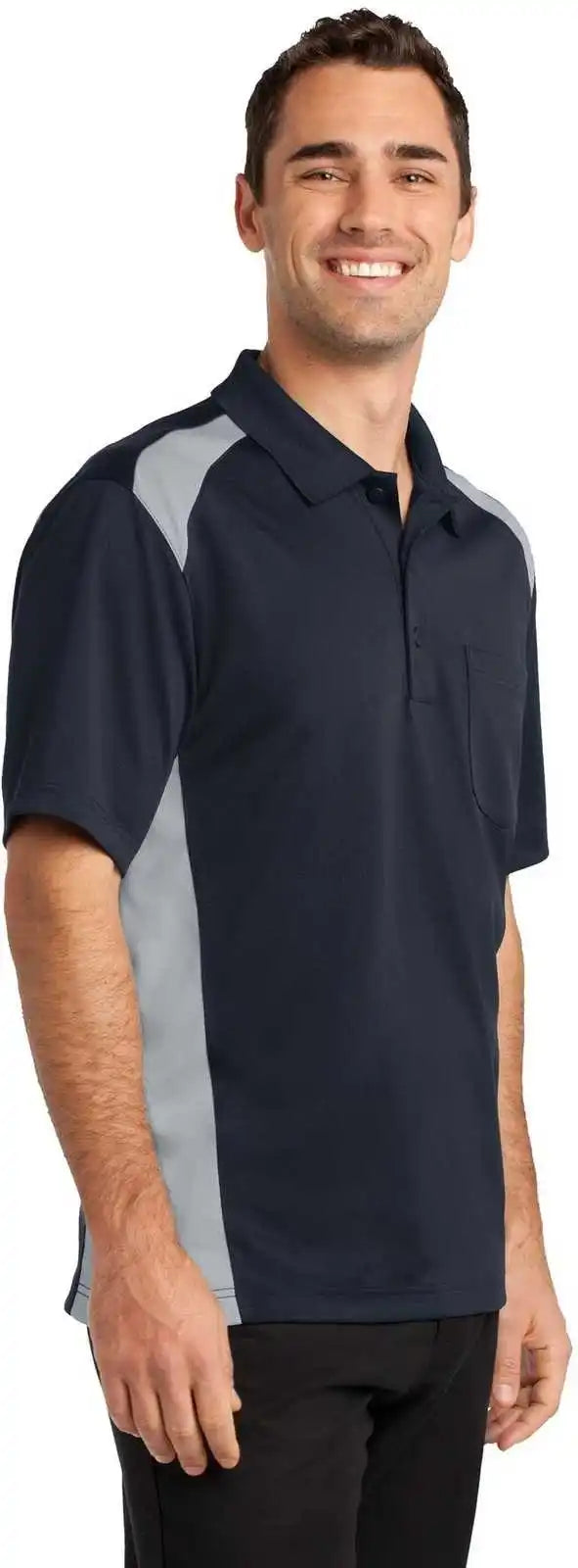 Cornerstone Cs416 Select Snag Proof Two Way Colorblock Pocket Polo Dark Navy Light Gray