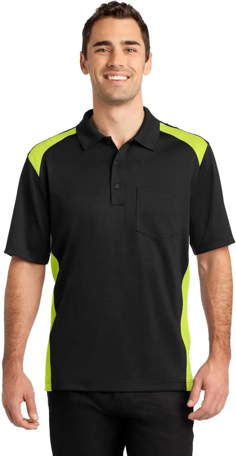 Cornerstone Cs416 Select Snag-proof Two Way Colorblock Pocket Polo - Black Shock Green