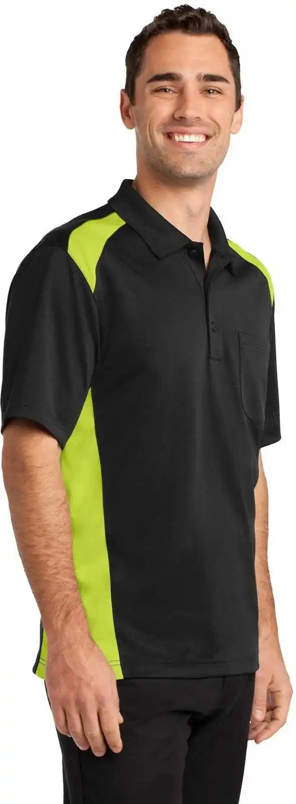 Cornerstone Cs416 Select Snag Proof Two Way Colorblock Pocket Polo Black Shock Green