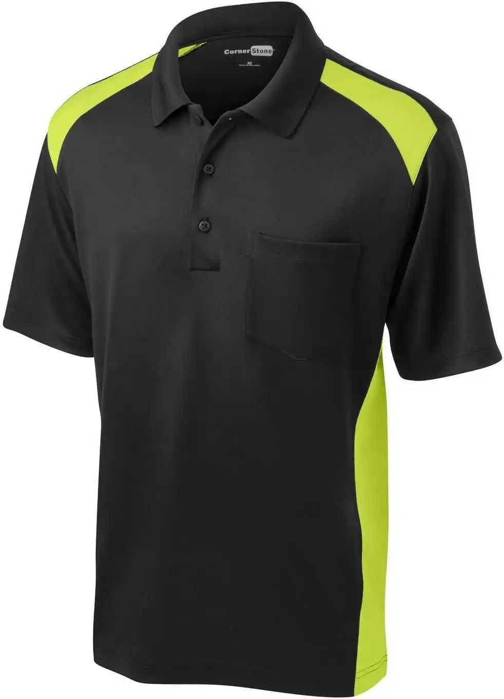 Cornerstone Cs416 Select Snag Proof Two Way Colorblock Pocket Polo Black Shock Green