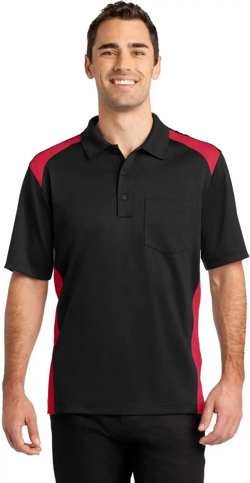 Cornerstone Cs416 Select Snag Proof Two Way Colorblock Pocket Polo Black Red