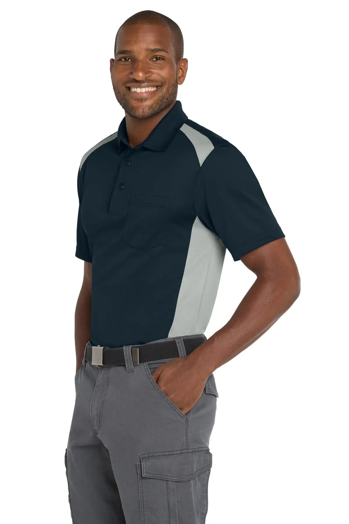 Cornerstone Cs416 Select Snag-proof Two Way Colorblock Pocket Polo - Dark Navy Light Gray