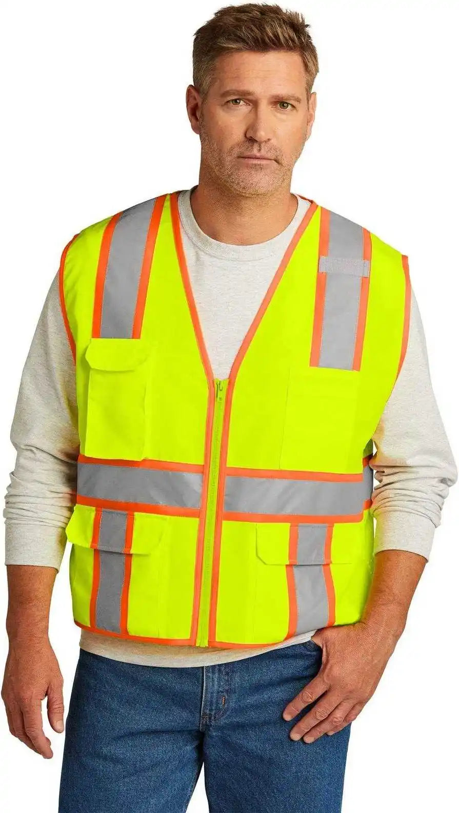 Cornerstone Csv105 Ansi 107 Class 2 Surveyor Zippered Two Tone Vest Safety Yellow