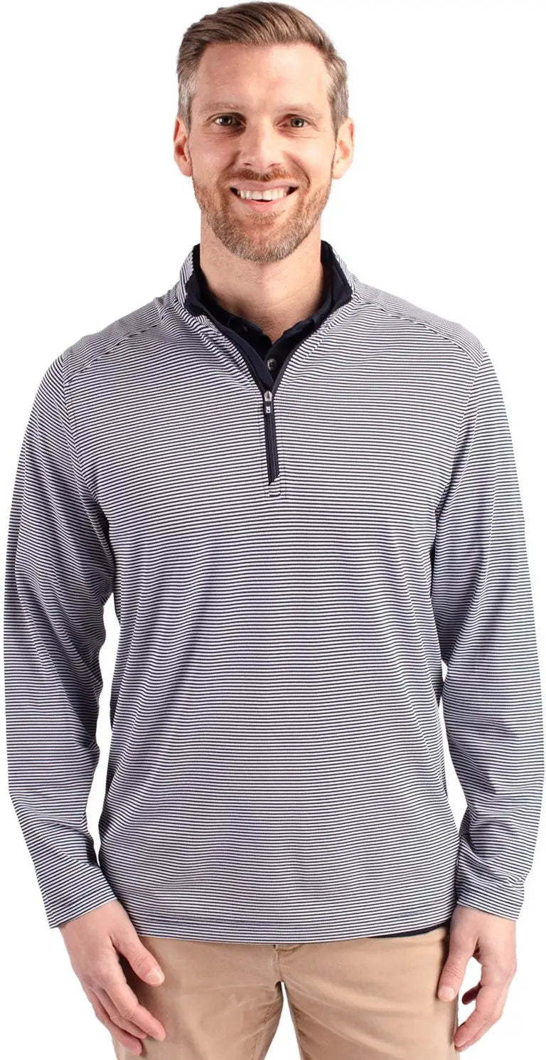 Cutter & Buck Bck01258 Virtue Eco Pique Micro Stripe Recycled Mens Big Tall Quarter Zip - Navy Blue White - Blue/white
