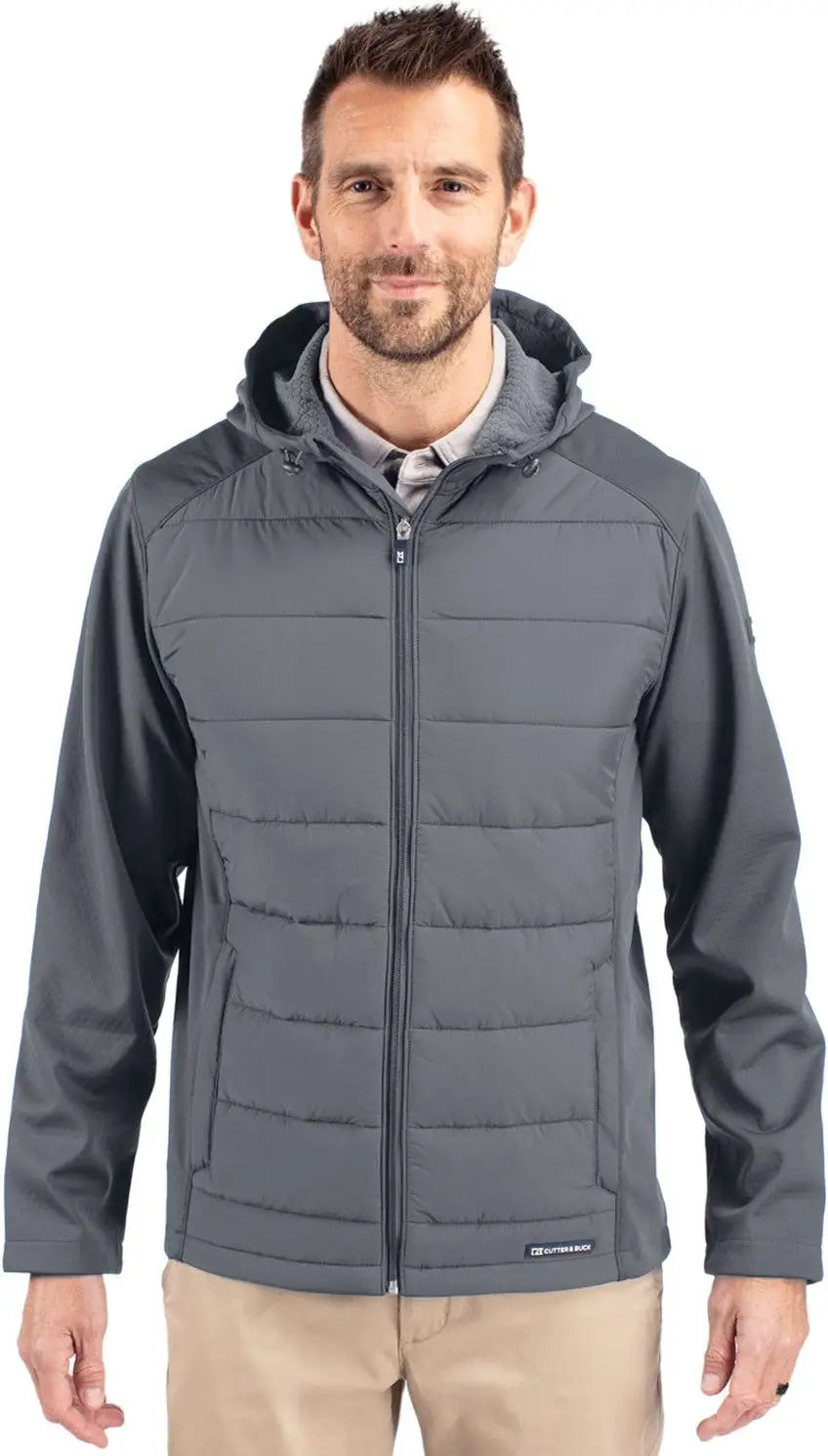 Cutter & Buck Bco00077 Evoke Hybrid Eco Softshell Recycled Full Zip Mens Big Tall Hooded Jacket - Elemental Gray