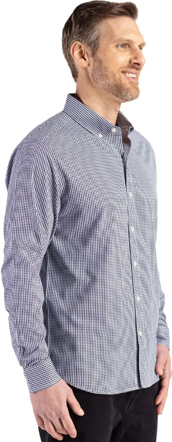 Cutter & Buck Bcw00236 Skyline Epic Confidence Recycled Gingham Mens Big Tall Long Sleeve Dress Shirt - Navy Blue White