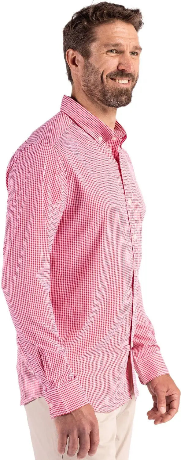 Cutter & Buck Bcw00236 Skyline Epic Confidence Recycled Gingham Mens Big Tall Long Sleeve Dress Shirt - Red White