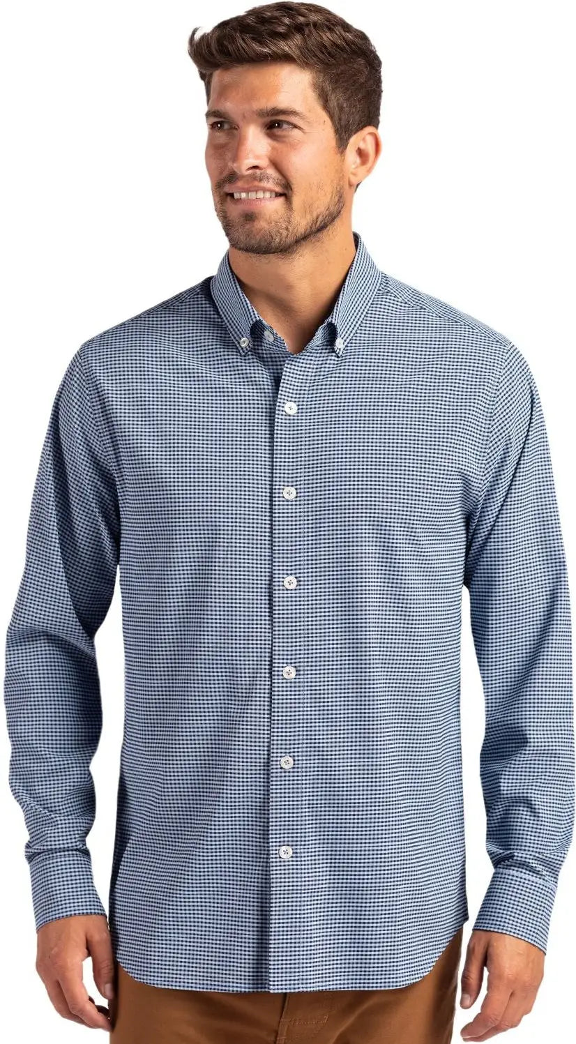 Cutter & Buck Bcw00236 Skyline Epic Confidence Recycled Gingham Mens Big Tall Long Sleeve Dress Shirt - Pale Blue Navy