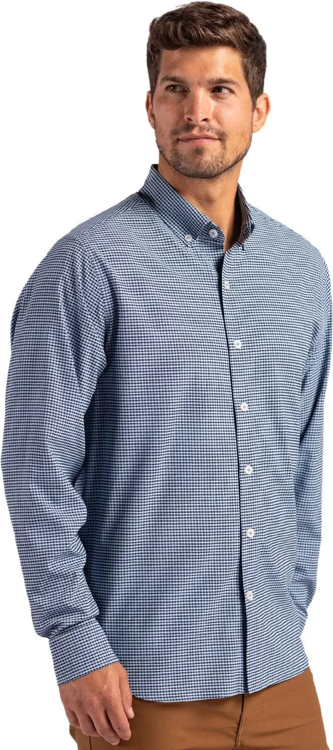 Cutter & Buck Bcw00236 Skyline Epic Confidence Recycled Gingham Mens Big Tall Long Sleeve Dress Shirt - Pale Blue Navy
