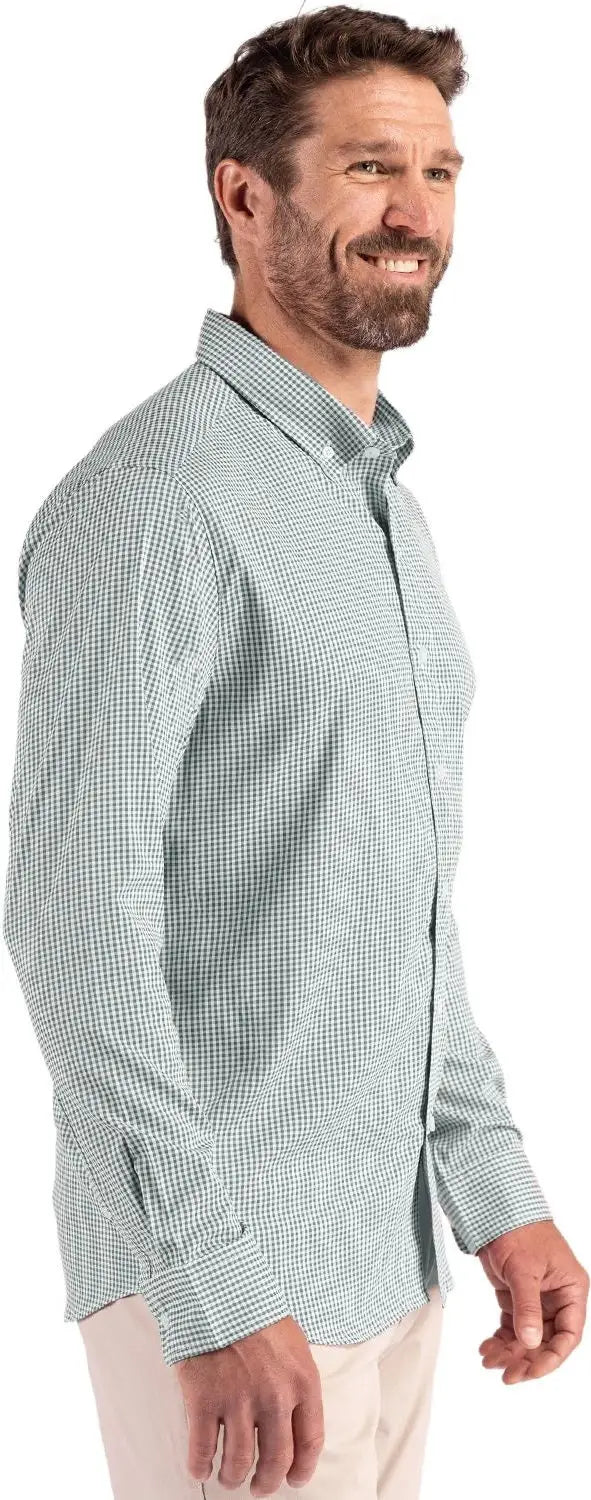 Cutter & Buck Bcw00236 Skyline Epic Confidence Recycled Gingham Mens Big Tall Long Sleeve Dress Shirt - Hunter White