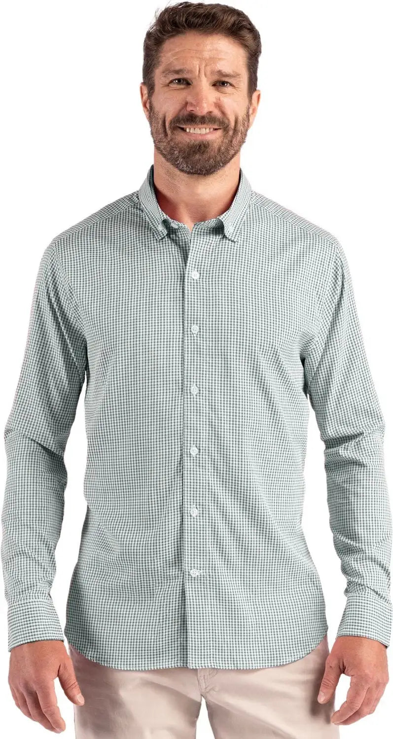 Cutter & Buck Bcw00236 Skyline Epic Confidence Recycled Gingham Mens Big Tall Long Sleeve Dress Shirt - Hunter White