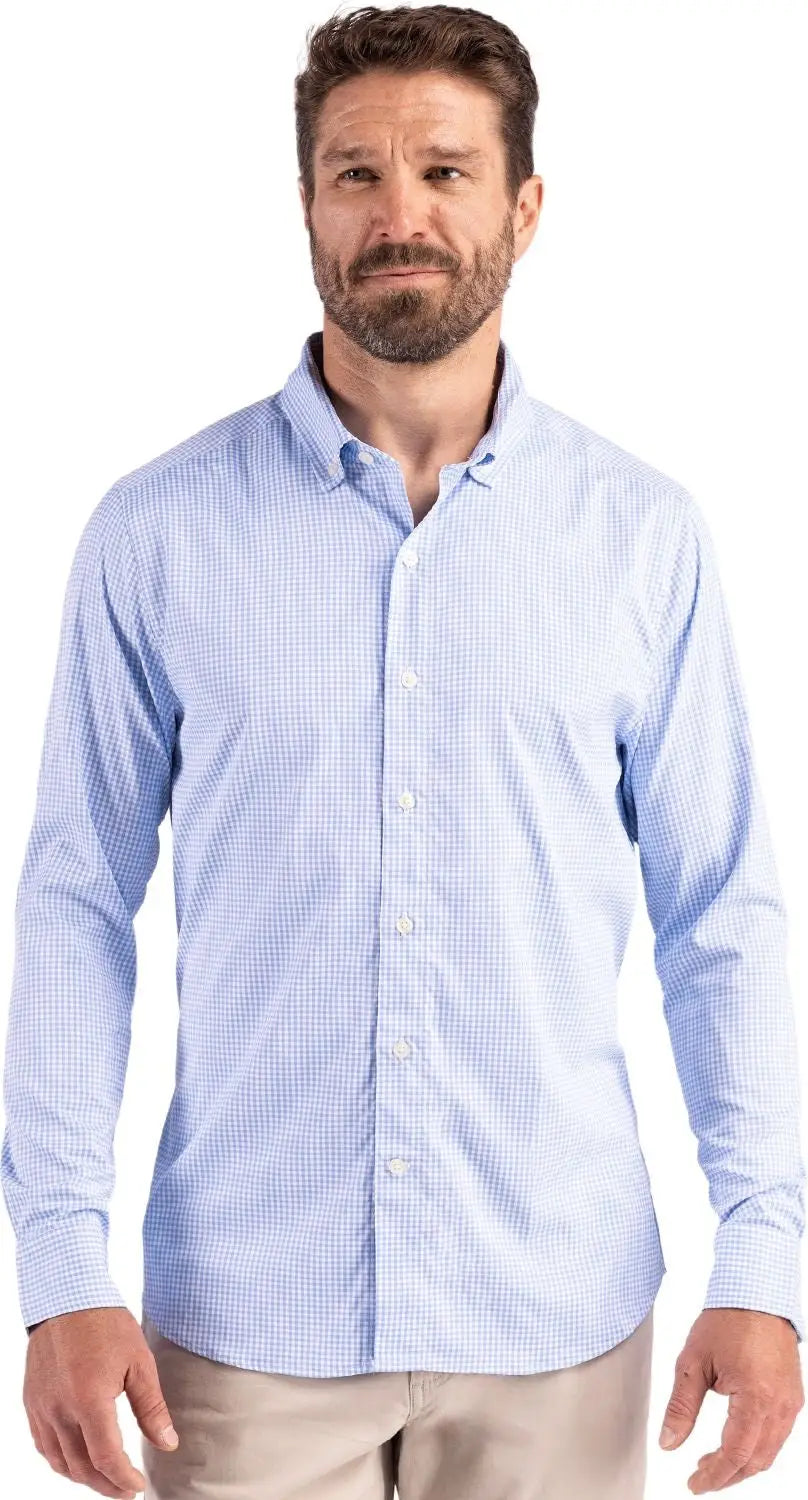Cutter & Buck Bcw00236 Skyline Epic Confidence Recycled Gingham Mens Big Tall Long Sleeve Dress Shirt - Atlas White