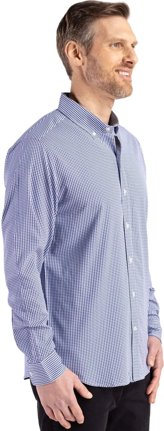 Cutter & Buck Bcw00236 Skyline Epic Confidence Recycled Gingham Mens Big Tall Long Sleeve Dress Shirt - Tour Blue White