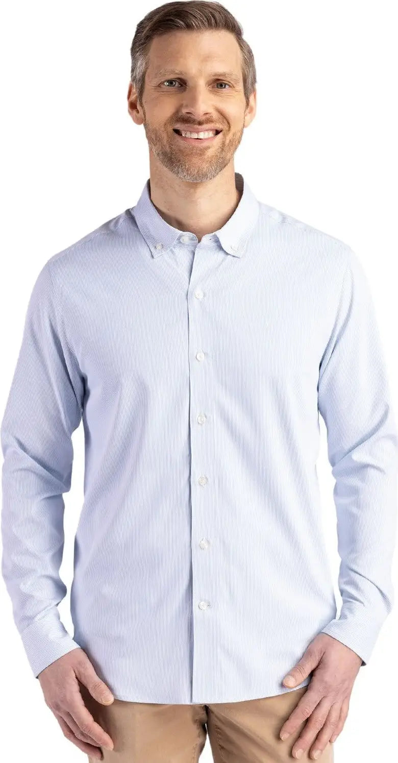 Cutter & Buck Bcw00237 Skyline Epic Confidence Recycled Pinstripe Mens Big Tall Long Sleeve Dress Shirt - Pale Blue