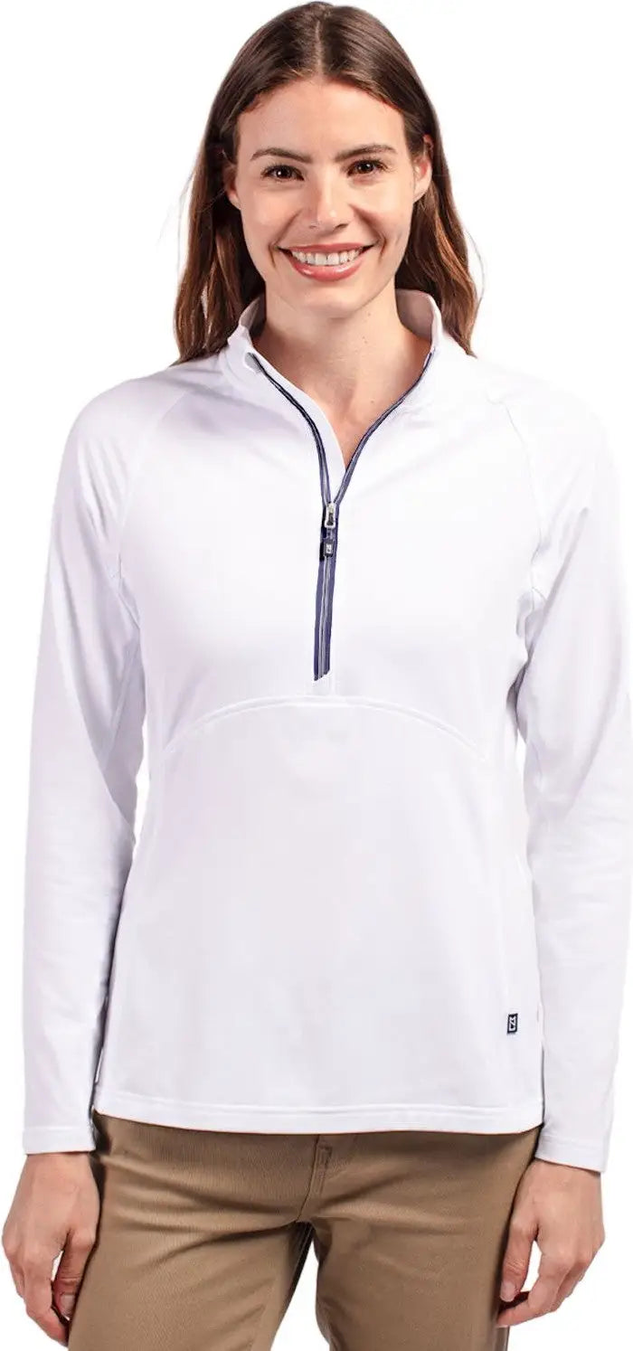 Cutter & Buck Lck00128 Adapt Eco Knit Stretch Recycled Womens Half Zip Pullover - White Navy Blue - White/navy / Ladies