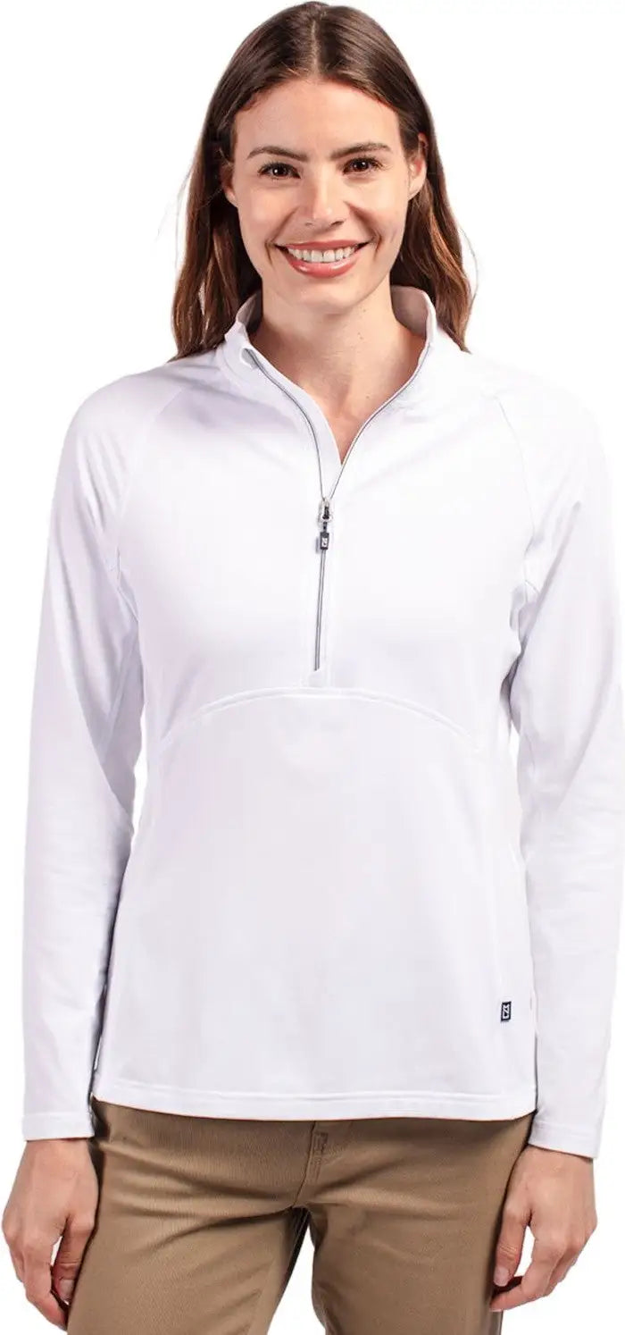 Cutter & Buck Lck00128 Adapt Eco Knit Stretch Recycled Womens Half Zip Pullover - White - Ladies Xs