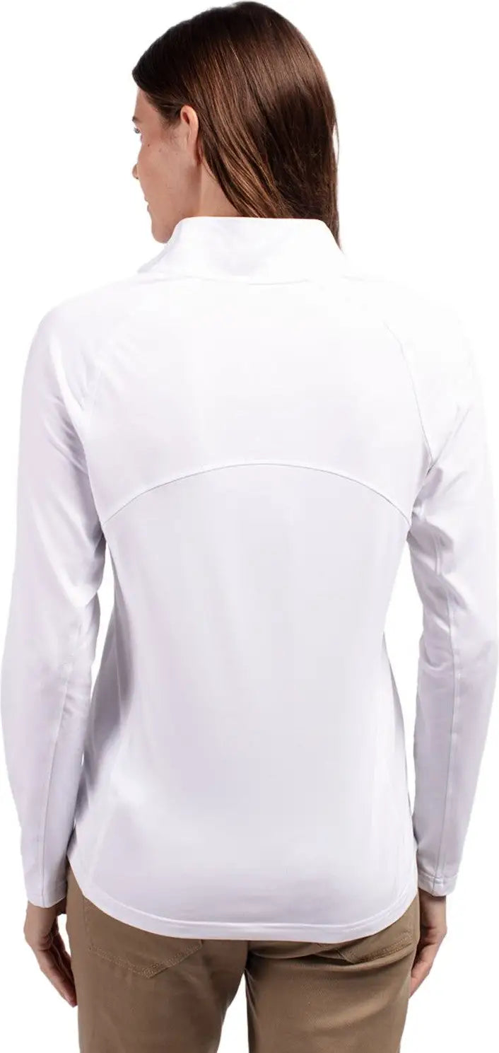 Cutter & Buck Lck00128 Adapt Eco Knit Stretch Recycled Womens Half Zip Pullover - White Navy Blue