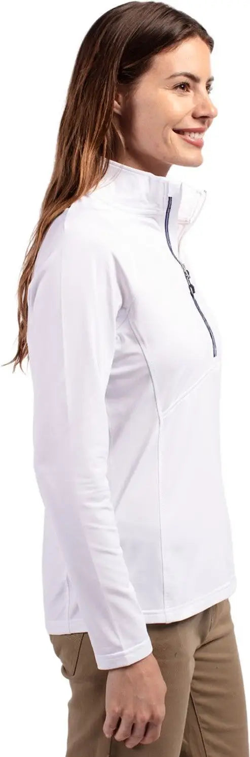 Cutter & Buck Lck00128 Adapt Eco Knit Stretch Recycled Womens Half Zip Pullover - White Navy Blue