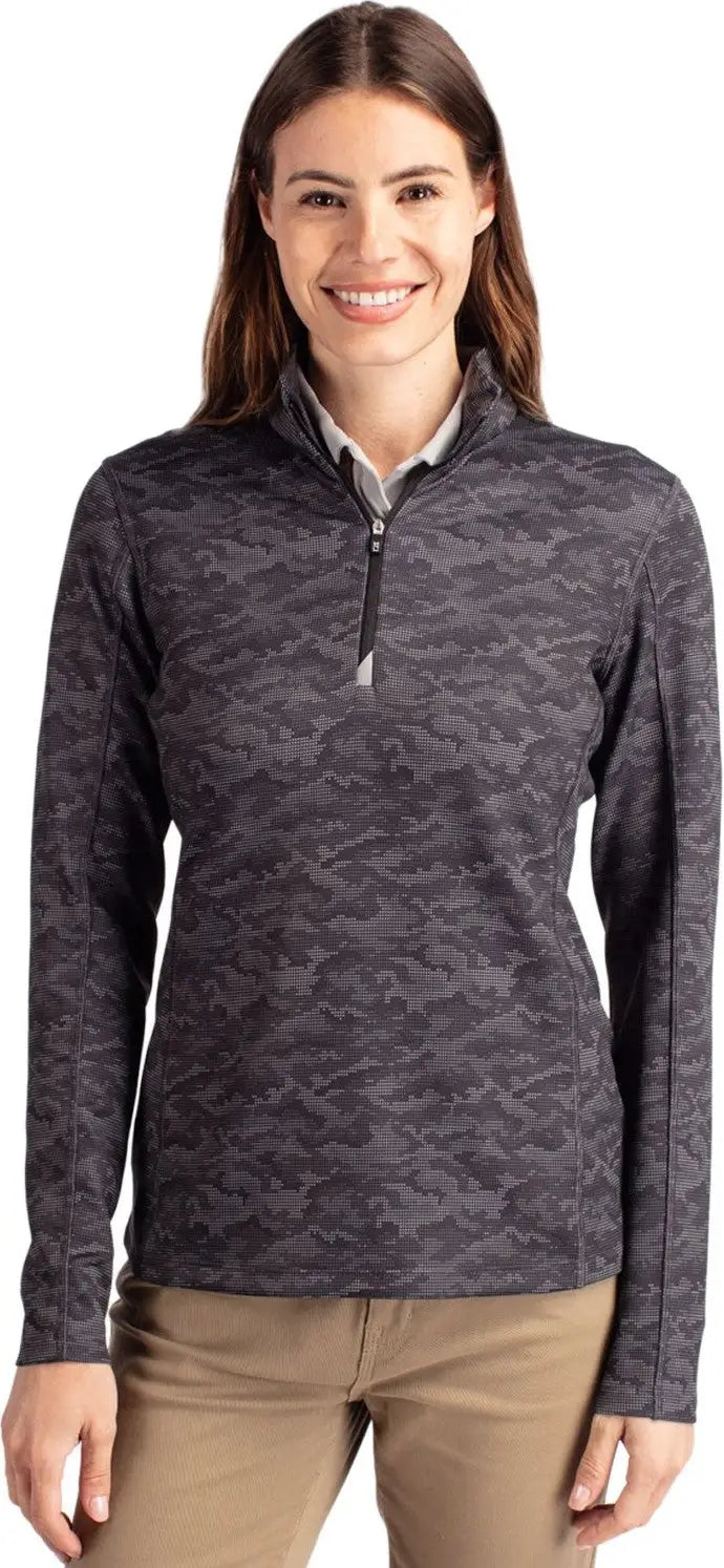 Cutter & Buck Lck00155 Traverse Stretch Eco Camo Print Quarter Zip Womens Pullover - Black - Ladies Xs