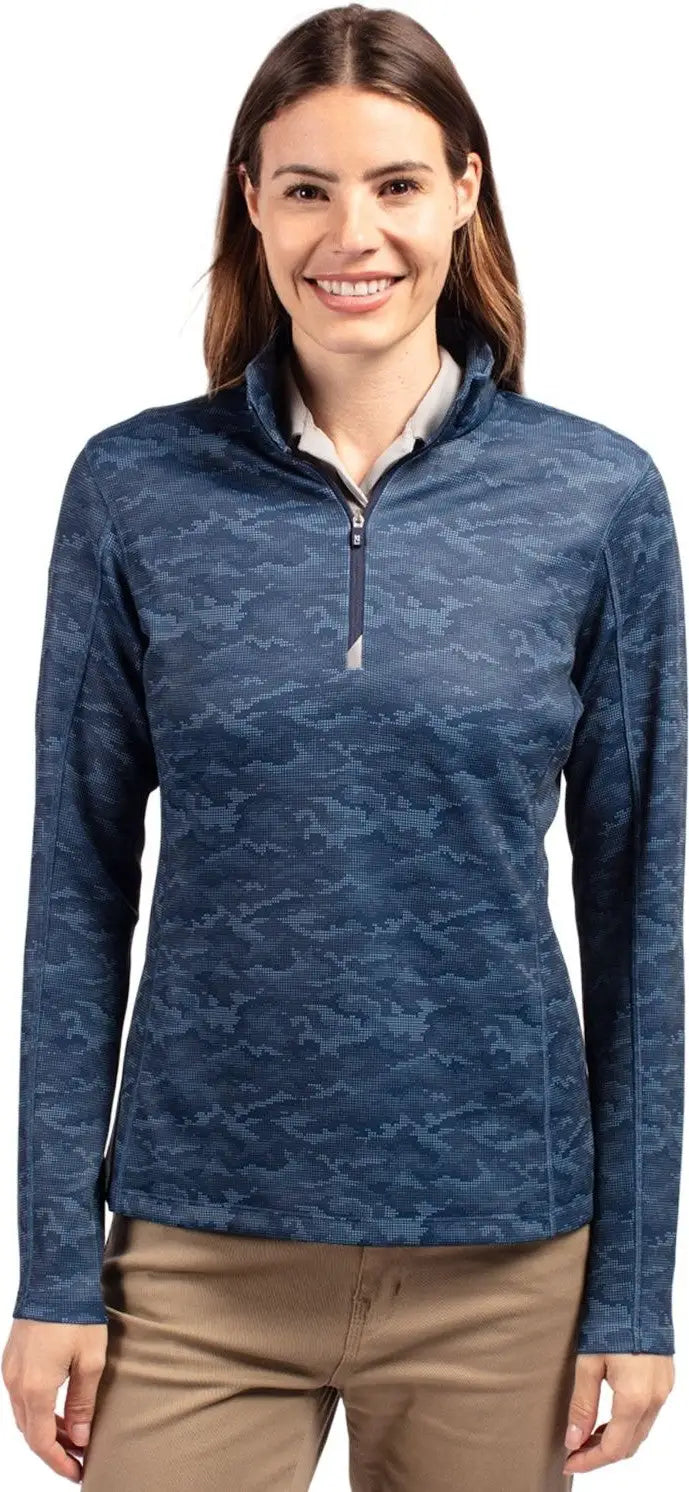 Cutter & Buck Lck00155 Traverse Stretch Eco Camo Print Quarter Zip Womens Pullover - Navy Blue - Ladies Xs