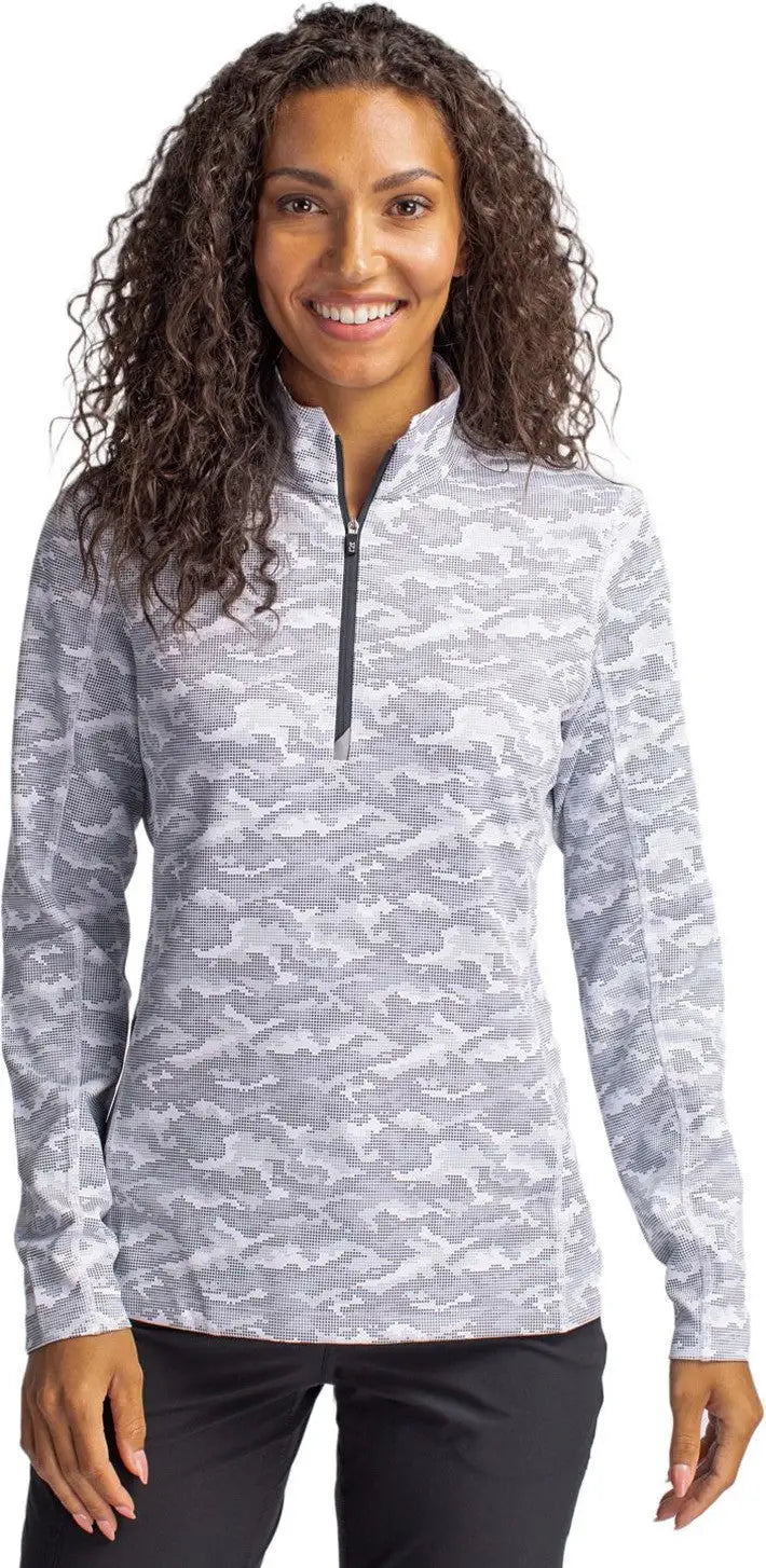 Cutter & Buck Lck00155 Traverse Stretch Eco Camo Print Quarter Zip Womens Pullover - Charcoal - Ladies Xs