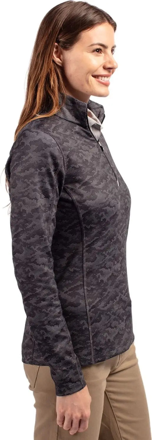 Cutter & Buck Lck00155 Traverse Stretch Eco Camo Print Quarter Zip Womens Pullover - Black