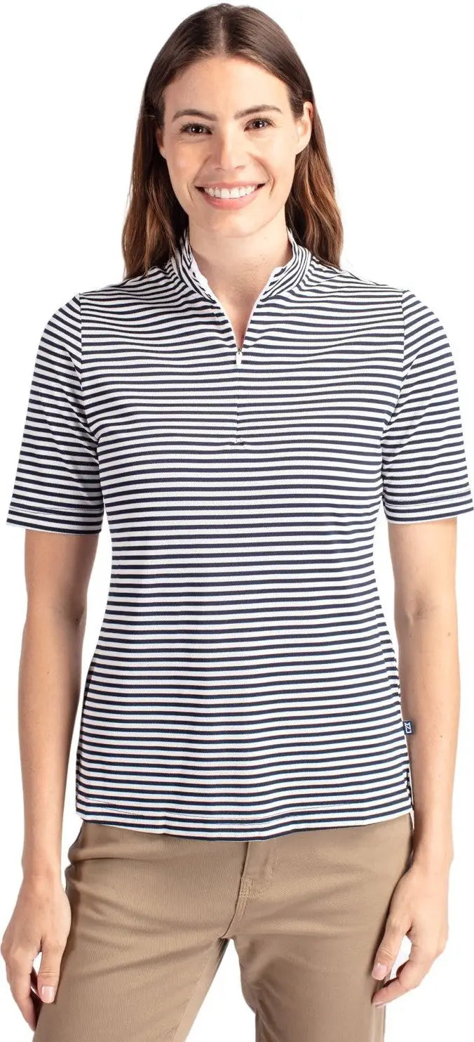 Cutter & Buck Lck00157 Virtue Eco Pique Stripe Recycled Womens Top - Navy Blue - Ladies Xs