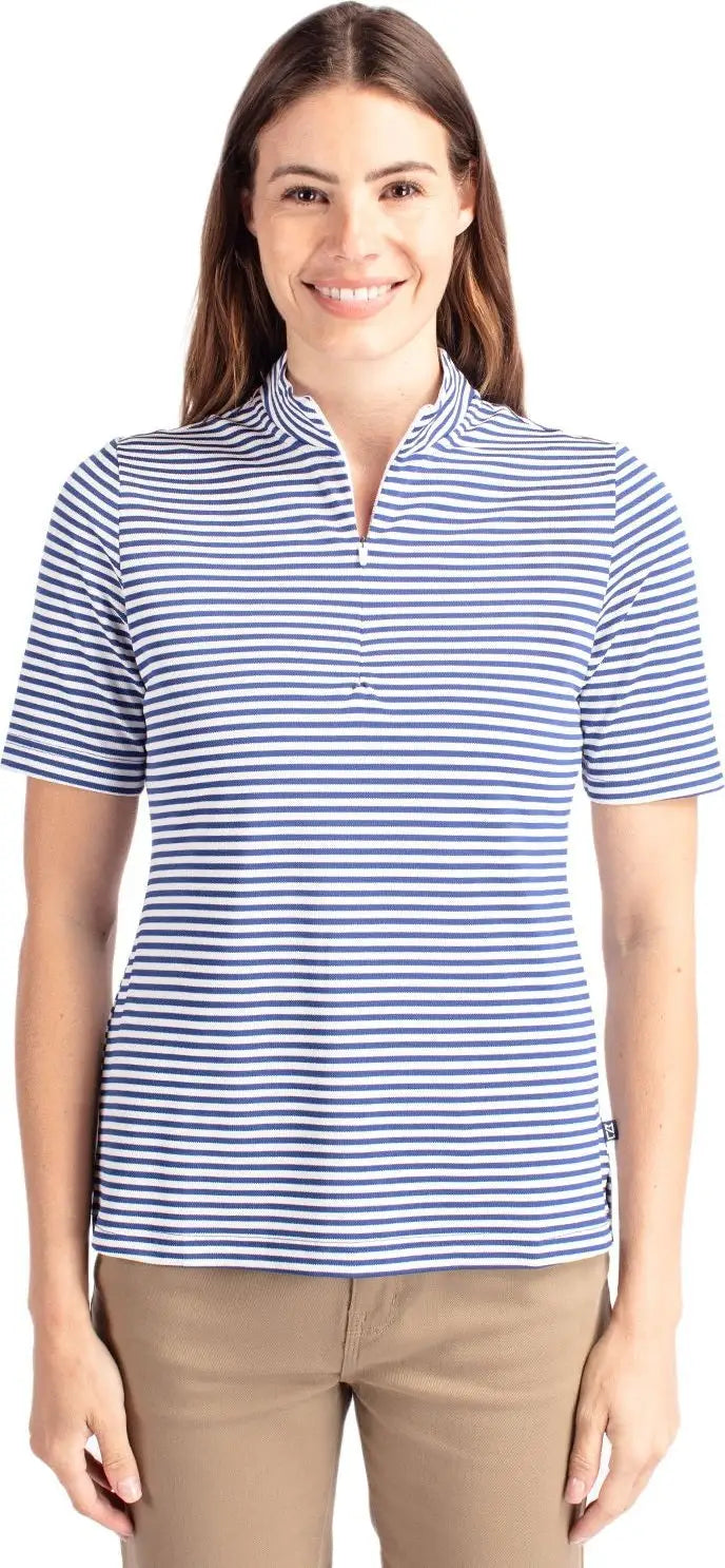 Cutter & Buck Lck00157 Virtue Eco Pique Stripe Recycled Womens Top - Tour Blue - Ladies Xs