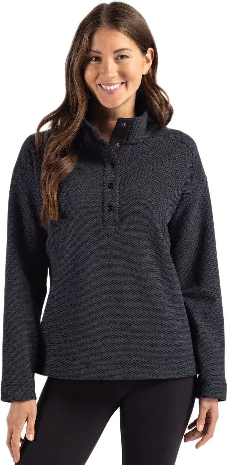 Cutter & Buck Lck00180 Hunts Point Eco Textured Fleece Recycled Womens Snap Pullover - Black - Ladies Xs