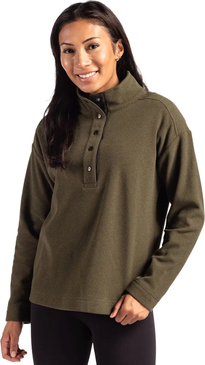 Cutter & Buck Lck00180 Hunts Point Eco Textured Fleece Recycled Womens Snap Pullover - Poplar - Ladies Xs