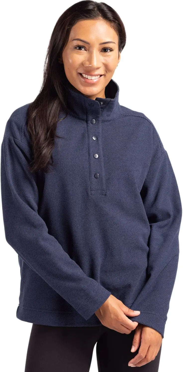 Cutter & Buck Lck00180 Hunts Point Eco Textured Fleece Recycled Womens Snap Pullover - Navy Blue - Ladies Xs