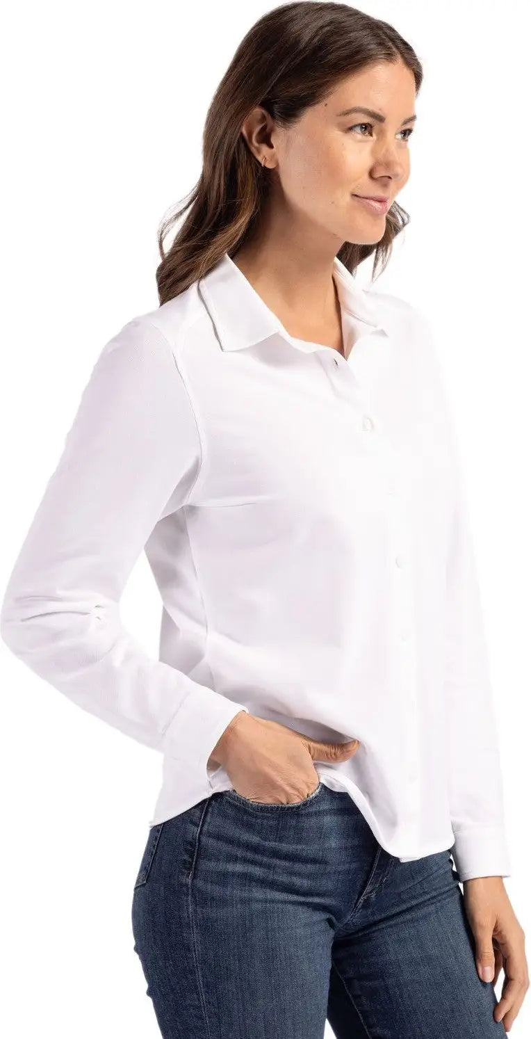 Cutter & Buck Lck00188 Advantage Tri-blend Eco Soft Pique Long Sleeve Knitted Womens Button Up - White