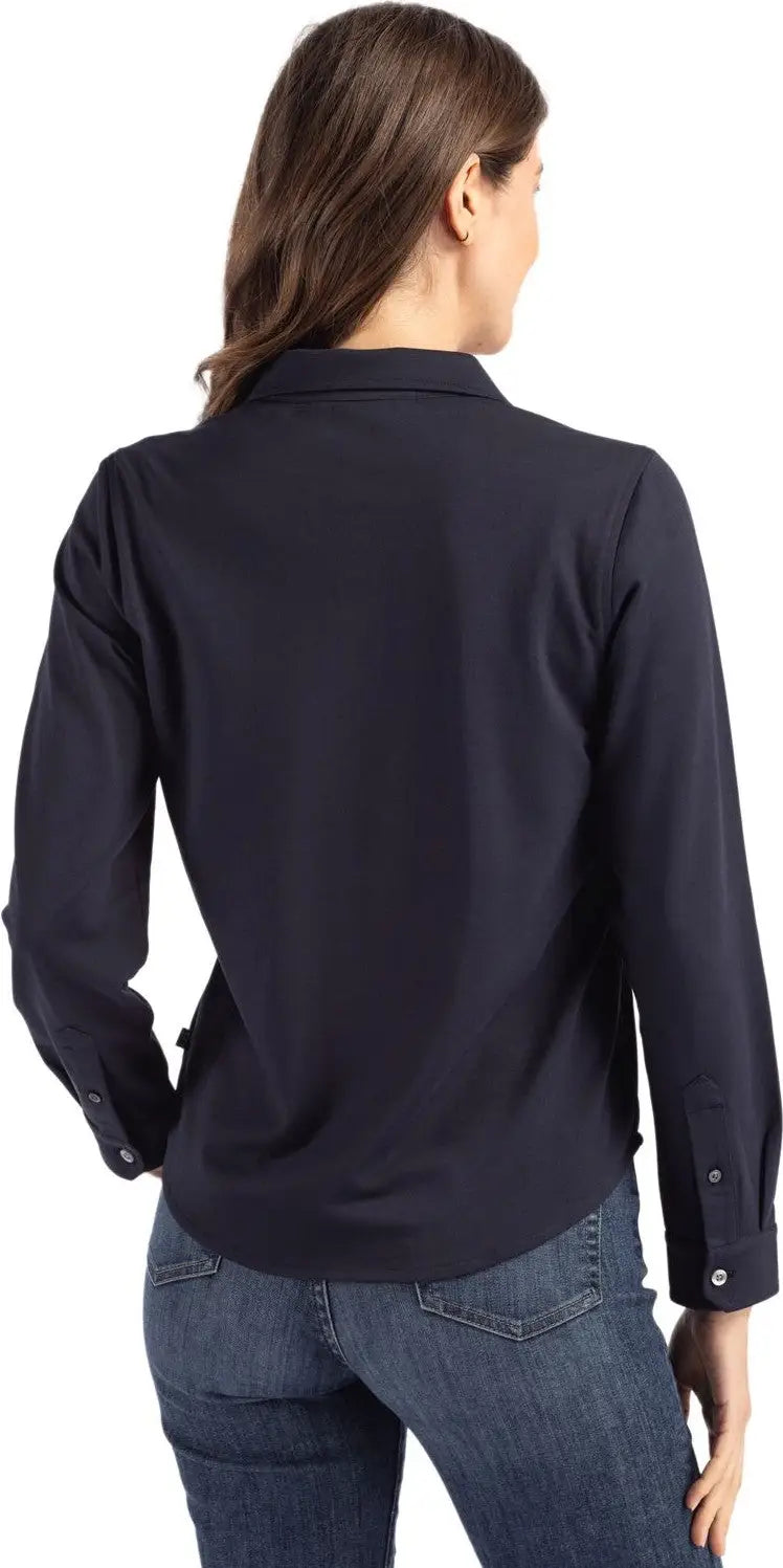 Cutter & Buck Lck00188 Advantage Tri-blend Eco Soft Pique Long Sleeve Knitted Womens Button Up - Liberty Navy