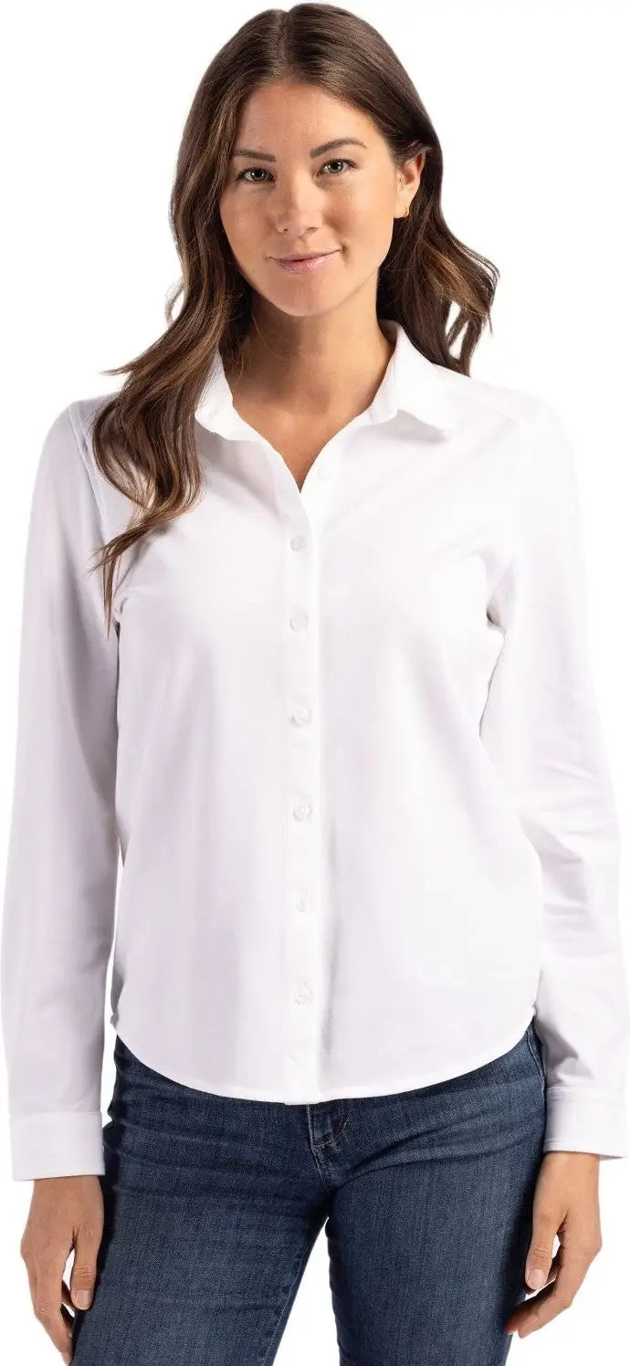 Cutter & Buck Lck00188 Advantage Tri-blend Eco Soft Pique Long Sleeve Knitted Womens Button Up - White - Ladies Xs