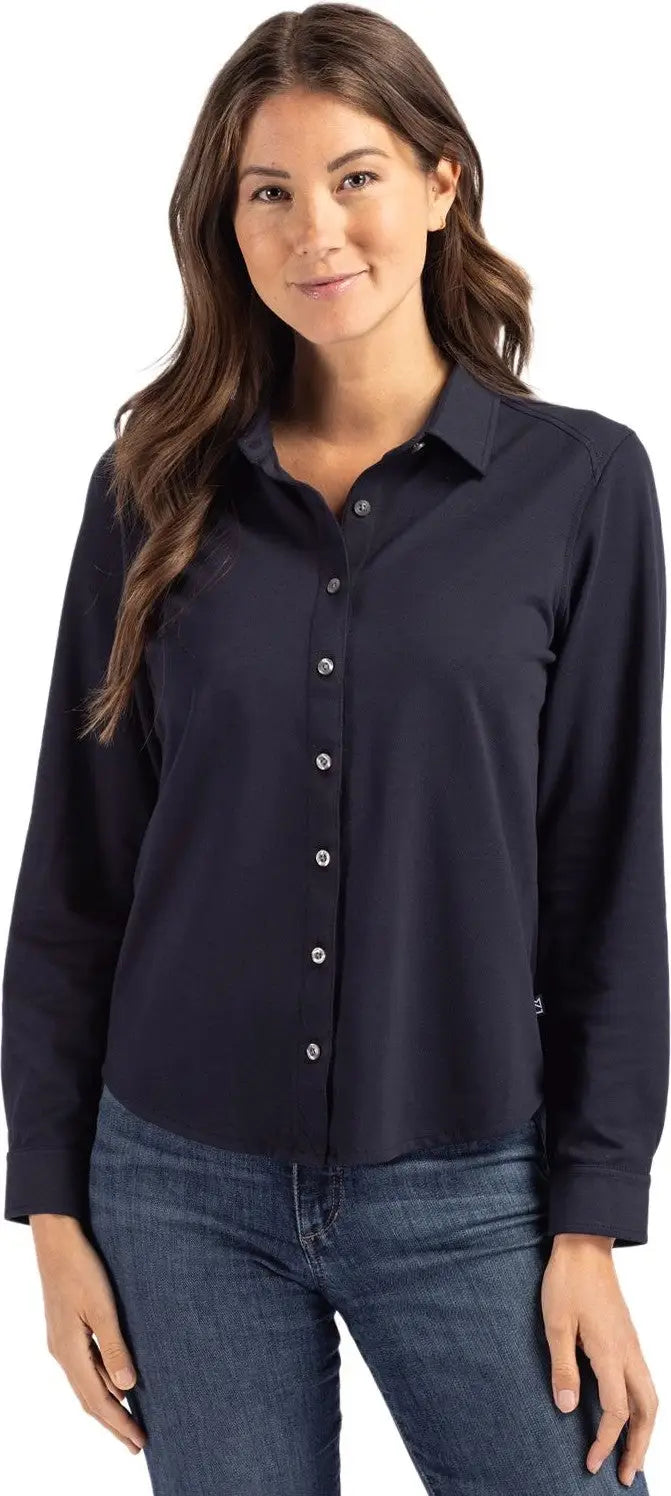 Cutter & Buck Lck00188 Advantage Tri-blend Eco Soft Pique Long Sleeve Knitted Womens Button Up - Liberty Navy - Ladies