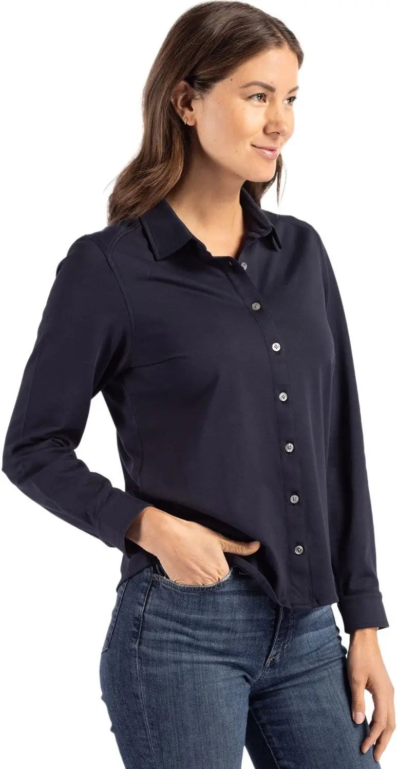 Cutter & Buck Lck00188 Advantage Tri-blend Eco Soft Pique Long Sleeve Knitted Womens Button Up - Liberty Navy