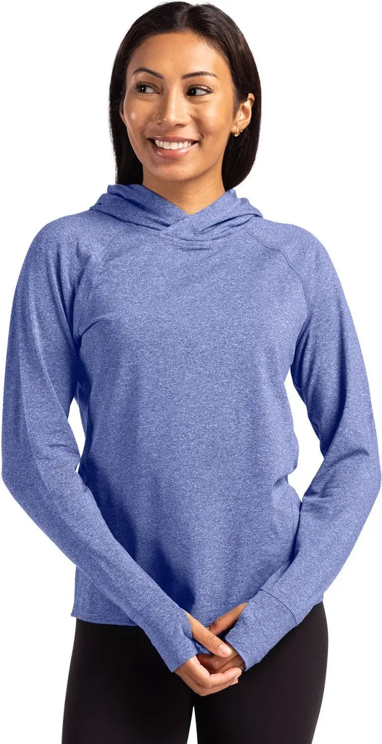 Cutter & Buck Lck00203 Adapt Knit Recycled Womens Heathered Hooded Pullover - Tour Blue Heather - Ladies Xs